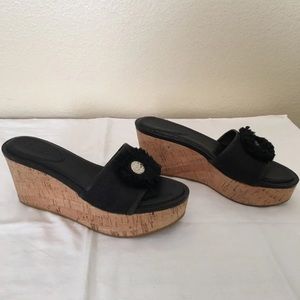 Coach Black Leather Slides Cork Platform Sandals Size 9